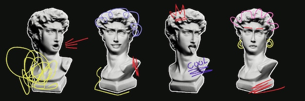 Conjunto de estatuas vintage en estilo medio tono elementos retro recortados mezclados con garabates