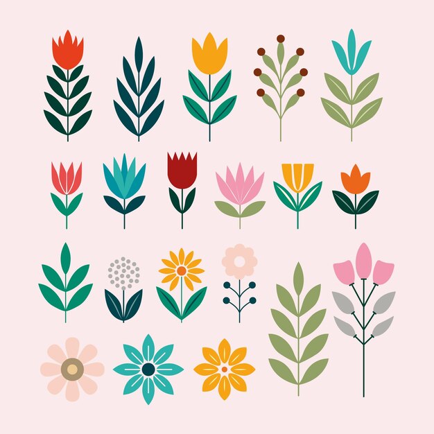 Conjunto estético de elementos florales mínimos en colores vibrantes Perfecto para papelería de diseño moderno