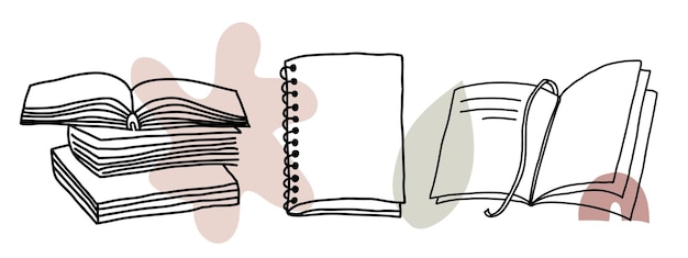 Conjunto estético de lectura Pila de libros libro de texto cuaderno línea arte vector ilustración