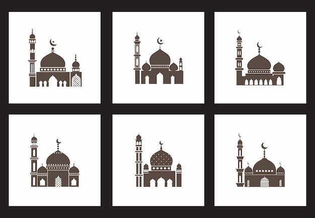 Conjunto estilizado de iconas de arquitectura religiosa musulmana con diseño vectorial