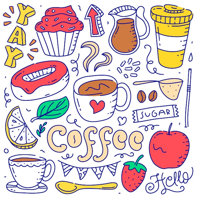 Conjunto de estilo de dibujado a mano doodle elemento de objeto de café