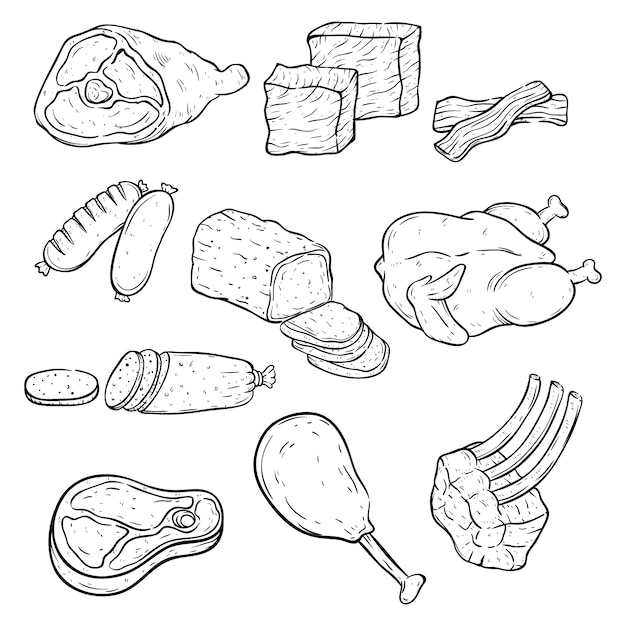 Conjunto de estilo dibujado a mano o boceto con diferentes tipos de carne en blanco y negro