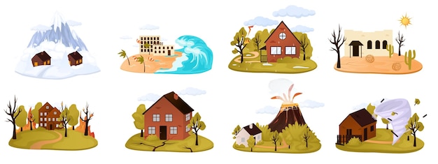 Conjunto de estilo de dibujos animados de desastres naturales de composiciones aisladas crisis ambiental de huracanes en la naturaleza