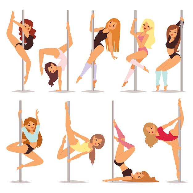 Conjunto de estilo de dibujos animados de mujeres de pole dance sobre fondo blanco y joven delgada hermosa chica de striptease de pilón que muestra algunos trucos de ilustración.