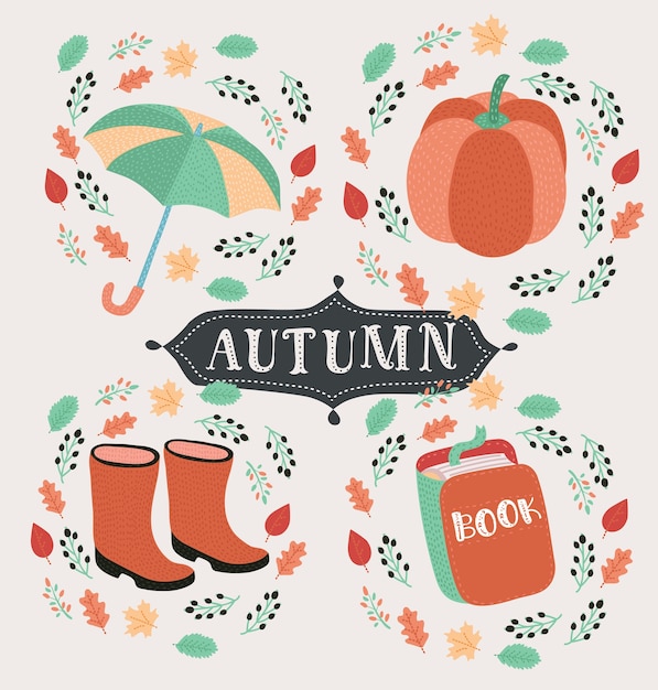 conjunto de estilo de dibujos animados de símbolos otoñales: zorro, calabaza, botas amarillas y otros. Icono para web. Aislado sobre fondo blanco.