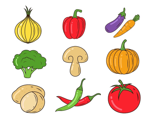 Conjunto de estilo doodle de dibujos animados vegetales dibujados a mano