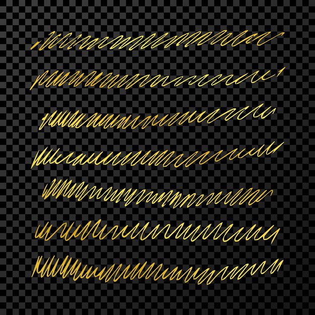 Conjunto de estilo garabato varias líneas onduladas y trazos Elementos de diseño dibujados a mano de oro sobre fondo transparente oscuro Ilustración vectorial