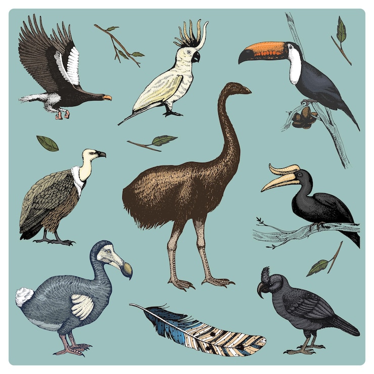 Vector conjunto de estilo gráfico de boceto de pájaro realista vectorial dibujado a mano de buitres leonados domésticos y loro de pico ancho rinoceronte cálao y especies extintas moa dodo y nido de plumas con huevos