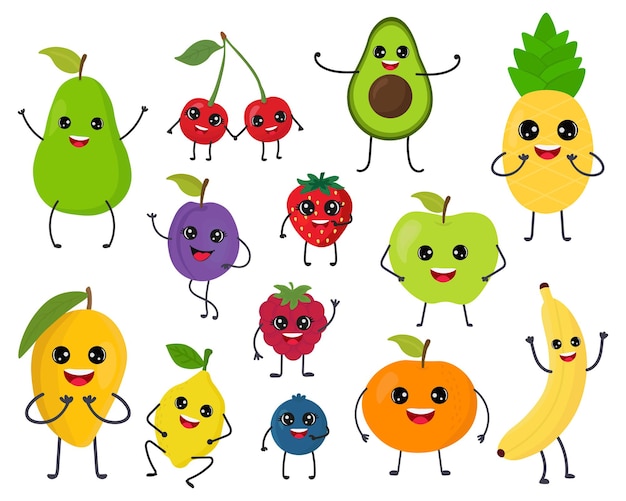 Vector conjunto de estilo kawaii de personajes de frutas de dibujos animados divertidos lindo aislado sobre fondo blanco.