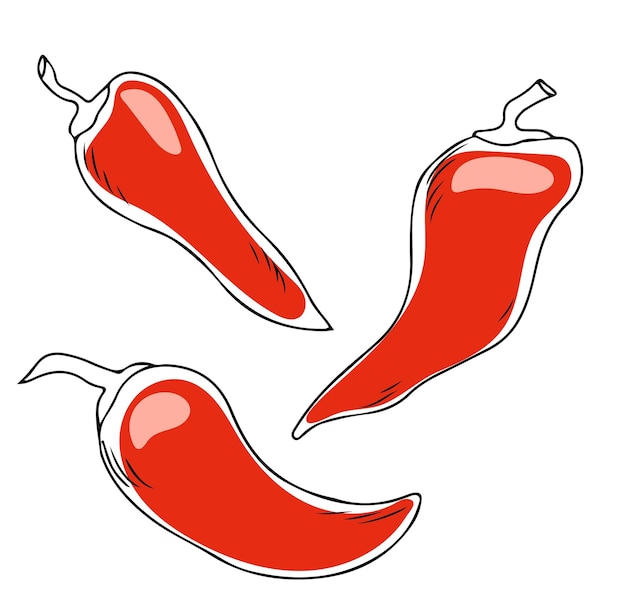 Conjunto de estilo Lineart de tres chiles rojos contorno negro sobre fondo blanco