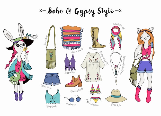 Vector conjunto de estilo de moda bohemia, boho y hippie, ilustración de ropa gitana