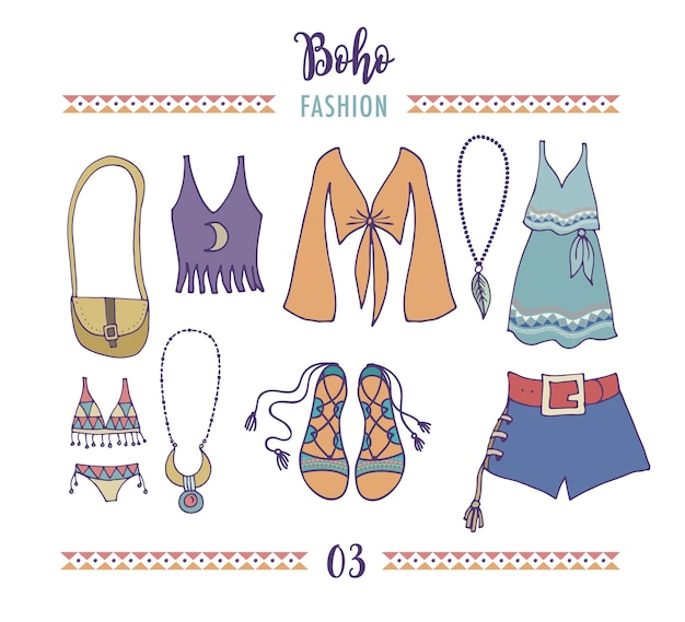 Conjunto de estilo de moda bohemia, boho y hippie, ilustración de ropa gitana