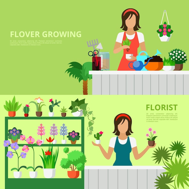 Conjunto de estilo plano de vector de ilustración de floristería