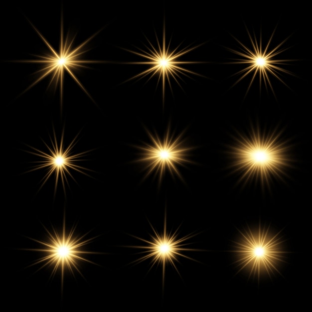 Conjunto de estrella brillante. La luz amarilla brillante explota. Brillantes partículas de polvo mágico.