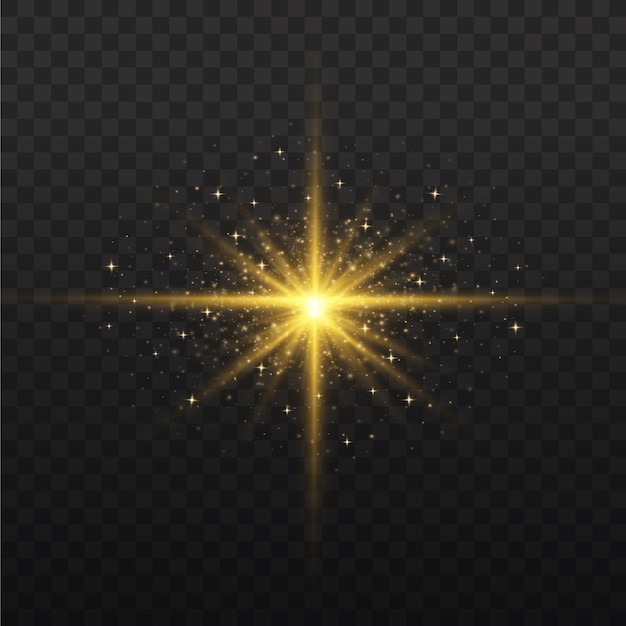 Conjunto de estrella brillante. La luz amarilla brillante explota sobre un fondo transparente. Sol brillante transparente, destello brillante. Para centrar un destello brillante. Brillantes partículas de polvo mágico. destellos