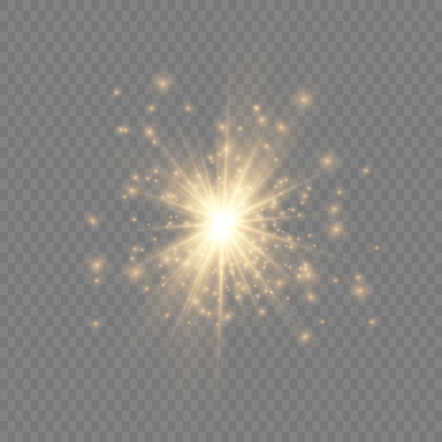 Conjunto de estrella brillante. La luz amarilla brillante explota sobre un fondo transparente. Sol brillante transparente, destello brillante. Para centrar un flash brillante. Partículas de polvo mágico espumoso. destellos.