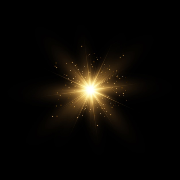 Conjunto de estrella brillante. La luz amarilla brillante explota sobre un fondo transparente. Sol brillante transparente, destello brillante. Para centrar un flash brillante. Partículas de polvo mágico espumoso. destellos.