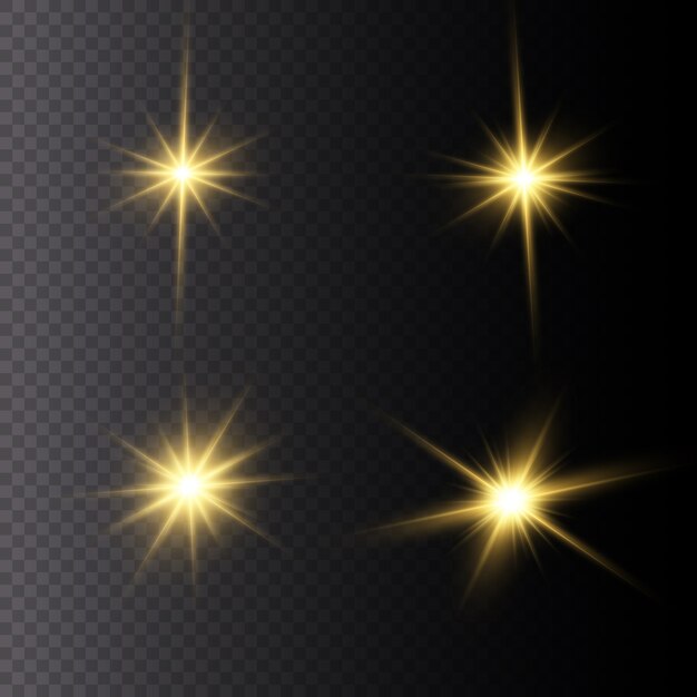 Conjunto de estrella brillante. La luz amarilla brillante explota sobre un fondo transparente. Sol brillante transparente, destello brillante. Para centrar un flash brillante. Partículas de polvo mágico espumoso. destellos.
