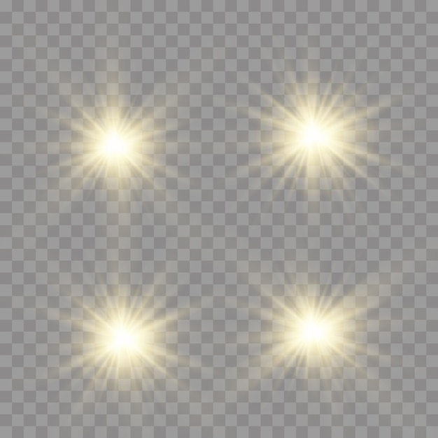 Conjunto de estrella brillante. La luz amarilla brillante explota sobre un fondo transparente. Sol brillante transparente, destello brillante.