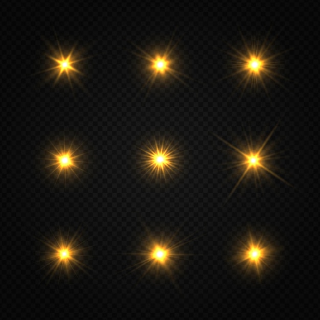 Conjunto de estrella brillante. la luz dorada brillante explota sobre un fondo transparente.