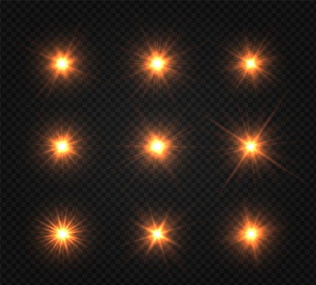 Conjunto de estrella brillante. La luz dorada brillante explota sobre un fondo transparente.