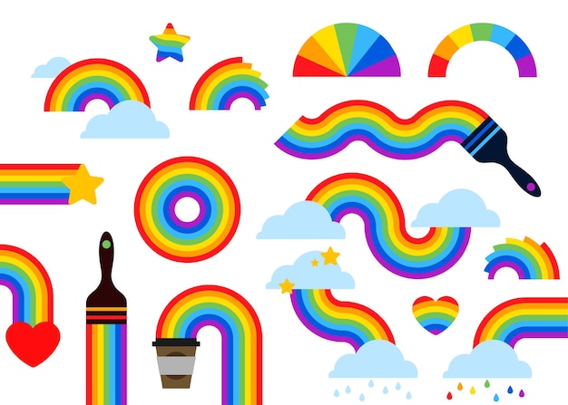 Vector conjunto de estrellas de arco iris de colores y nubes con cola de colores del arco iris