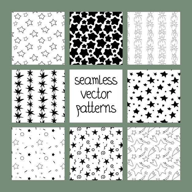 Conjunto de estrellas blancas y negras irregulares dibujadas a mano sin costuras ilustración vectorial