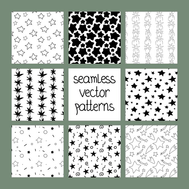 Vector conjunto de estrellas blancas y negras irregulares dibujadas a mano sin costuras ilustración vectorial