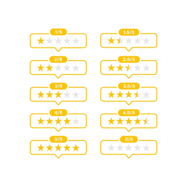 Conjunto de estrellas de calificación. Evaluación de retroalimentación de 0 antes de 5. Calificar la calidad. Ilustración vectorial