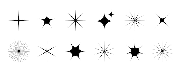 Conjunto de estrellas y destellos negros Colección retro bling Paquete de efectos de brillo starburst simple abstracto