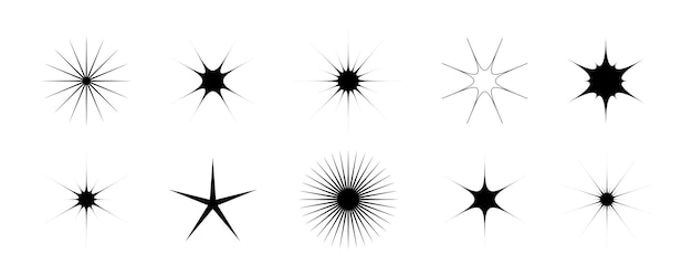 Conjunto de estrellas y destellos negros Colección retro bling Paquete de efectos de brillo starburst simple abstracto