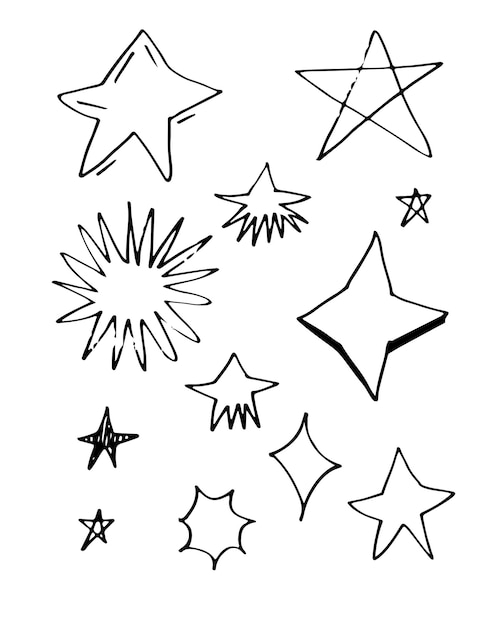 Conjunto de estrellas dibujadas a mano Colección de garabates de estrellas sobre fondo blanco