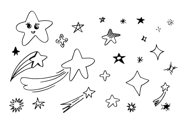 Conjunto de estrellas dibujadas a mano Colección de garabates de estrellas sobre fondo blanco