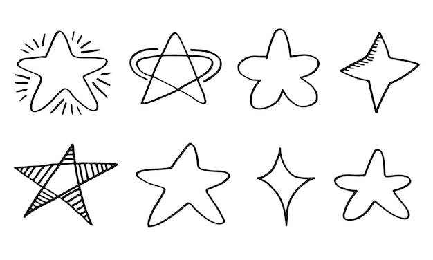 Conjunto de estrellas dibujadas a mano Colección de garabates de estrellas sobre fondo blanco
