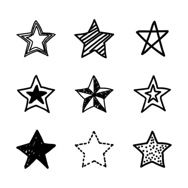 Conjunto de estrellas dibujadas a mano en estilo garabato de dibujos animados