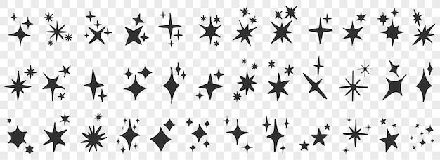 Conjunto de estrellas de doodle conjunto dibujado a mano negro. Iconos de estrellas Doodle