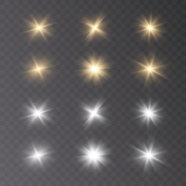 Conjunto de estrellas doradas brillantes con reflejos. vectores png