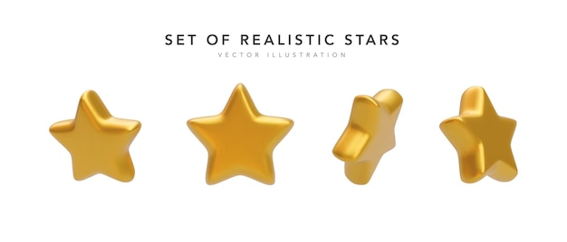 Conjunto de estrellas doradas realistas 3d aisladas sobre fondo blanco Ilustración vectorial