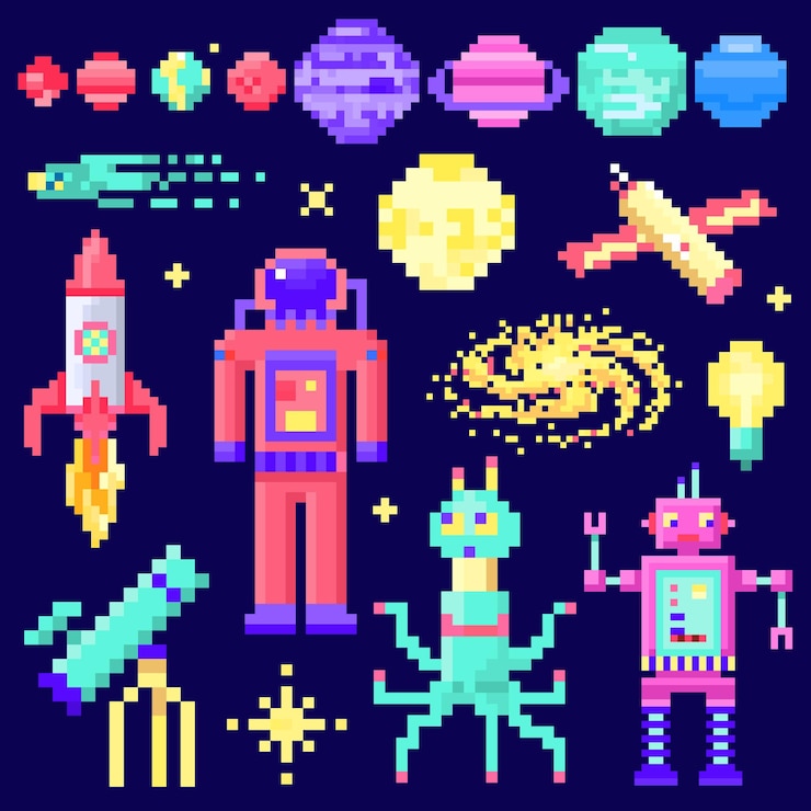 Vector conjunto de estrellas espaciales alienígena astronauta robot cohete y satélite cubos planetas del sistema solar pixel art