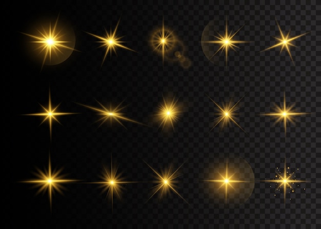 Vector conjunto de estrellas de explosión con brillo. luces amarillas brillantes estrellas. un destello de sol con rayos y reflectores. efecto especial aislado sobre fondo transparente.