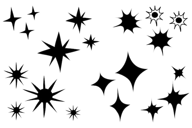 Conjunto de estrellas de garabato dibujadas a mano negra aisladas sobre fondo blanco