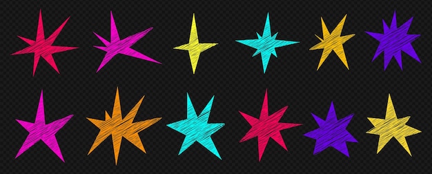 Un conjunto de estrellas irregulares de moda, formas simples dibujadas a mano con texturas, elementos de ilustración vectorial