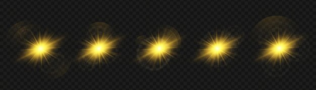 Conjunto de estrellas de luz amarilla brillante sobre un fondo transparente La estrella del sol brillante explota y parpadea
