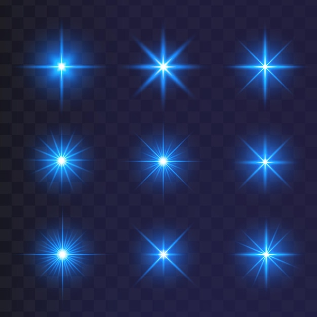Conjunto de estrellas de luz azul brillante sobre un fondo transparente La estrella del sol brillante explota y parpadea