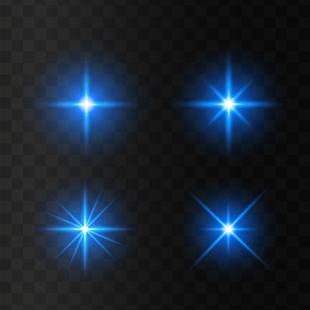 Conjunto de estrellas de luz azul brillante sobre un fondo transparente La estrella del sol brillante explota y parpadea