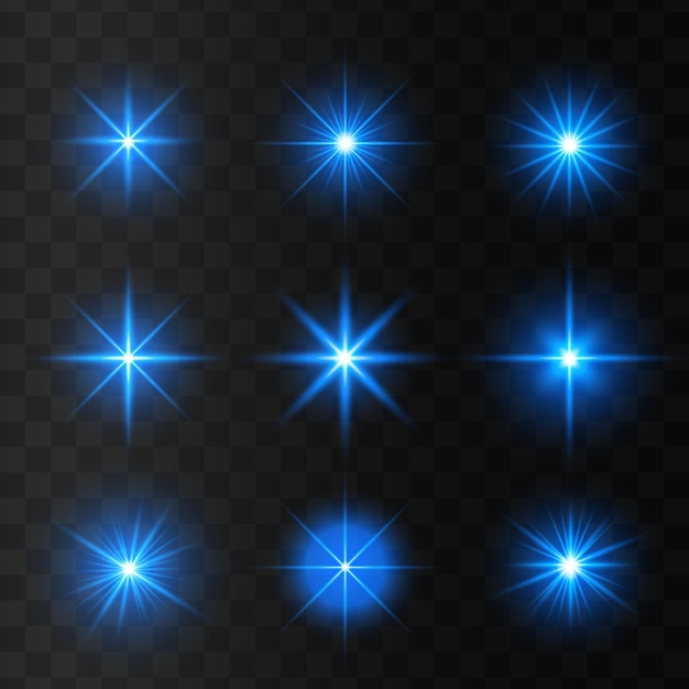Conjunto de estrellas de luz azul brillante sobre un fondo transparente La estrella del sol brillante explota y parpadea