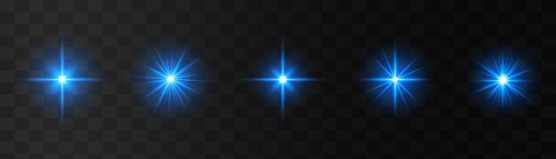 Conjunto de estrellas de luz azul brillante sobre un fondo transparente La estrella del sol brillante explota y parpadea