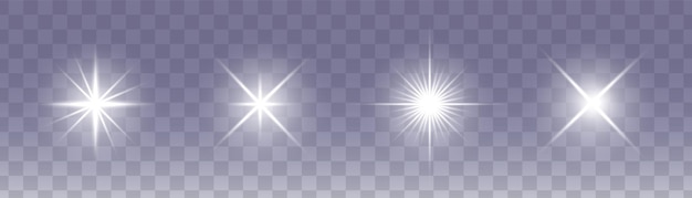 Conjunto de estrellas de luz blanca brillante sobre un fondo transparente La estrella del sol brillante explota y parpadea