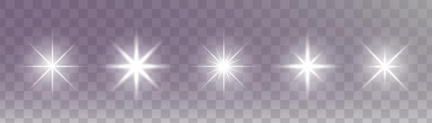 Conjunto de estrellas de luz blanca brillante sobre un fondo transparente La estrella del sol brillante explota y parpadea