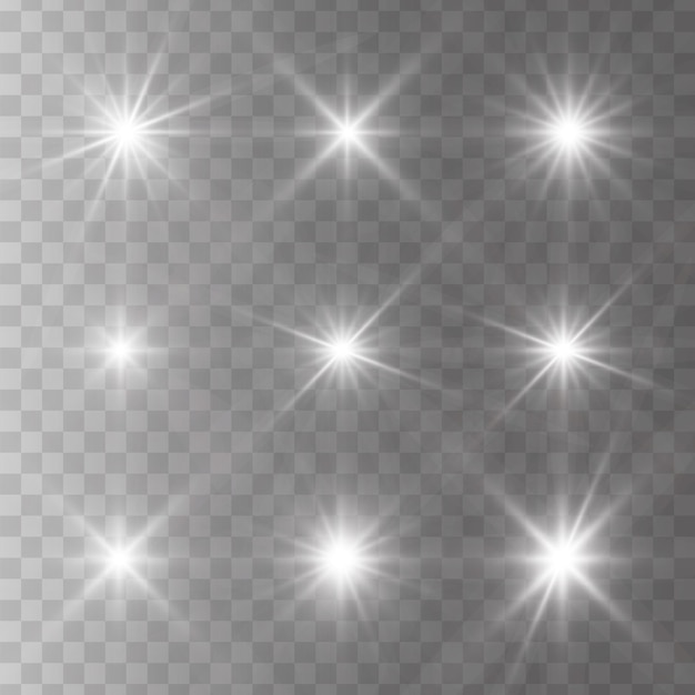 Conjunto de estrellas de luz blanca brillante sobre un fondo transparente la estrella del sol brillante explota y parpadea